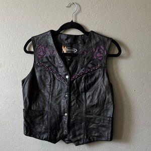 Element Black Leather Vest with Purple Embroidery